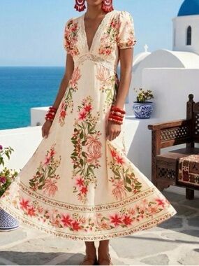 Floral V-Neck Maxi Dress in Cream with Pink Bloom